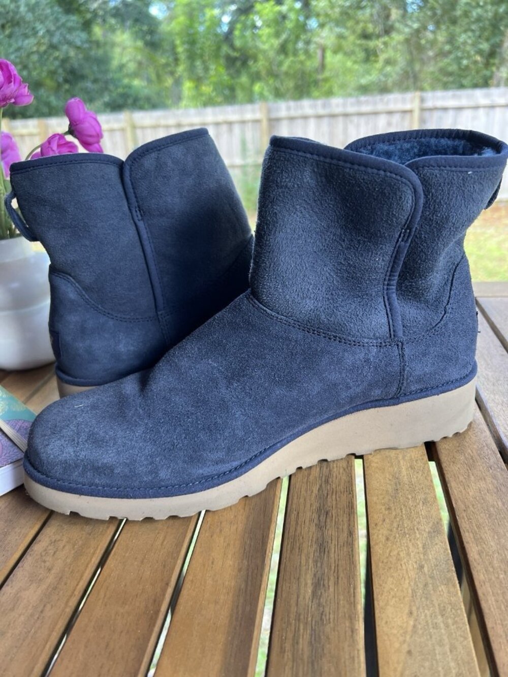 UGG Kristin Navy Suede Wedge Ankle Boots Womenโs Size 11